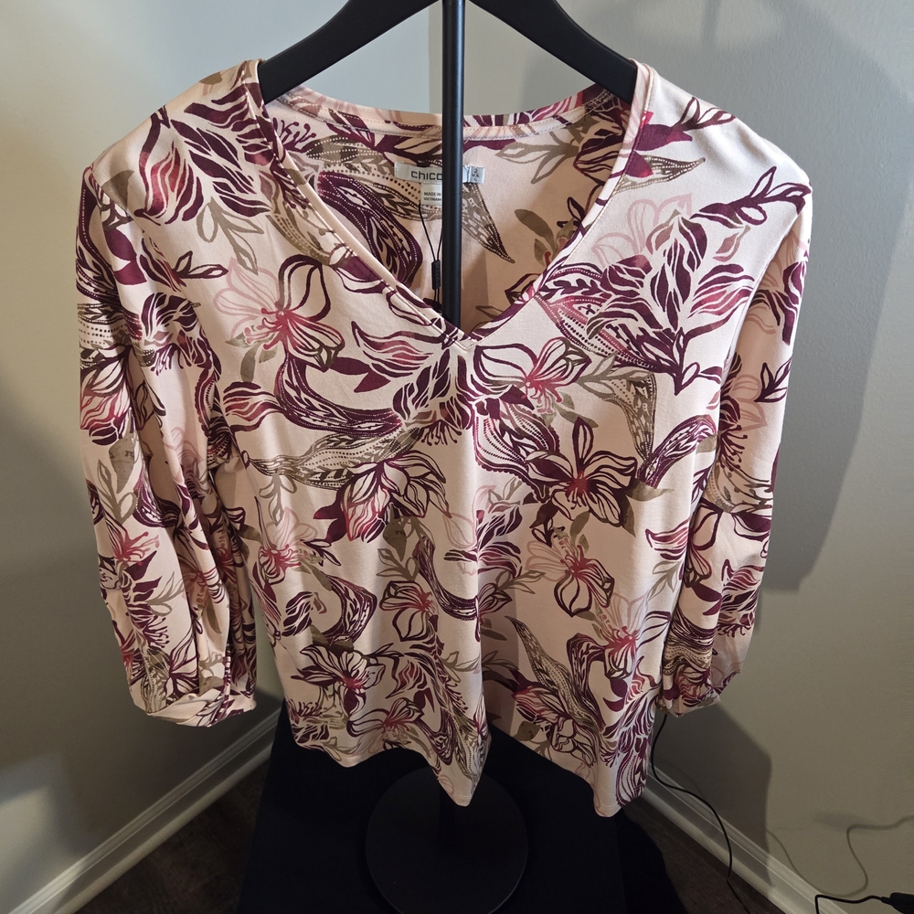 Chico's Floral V-Neck Blouse - Pink and Purple